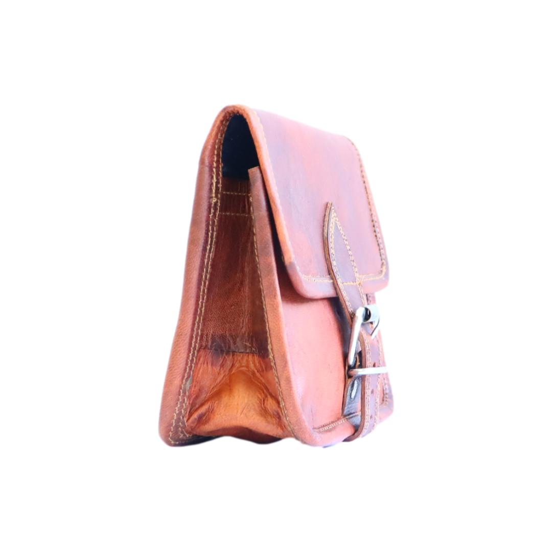 Mini Sacoche En Cuir Naturel Vintage - Bon état - Cuir Brut - Fabriqué En France